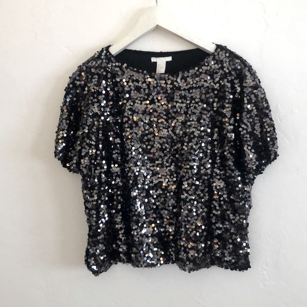 H&M Black Sequin Top | Short Sleeve | Small